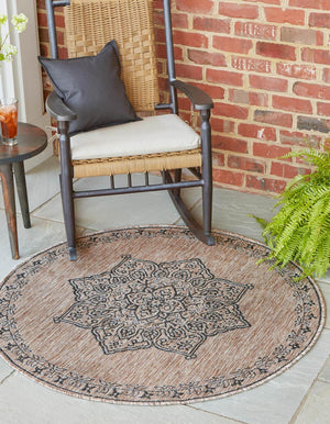 Beige 4' 1 x 4' 1 Outdoor Traditional Round Area Rug Weather Resistant for Patio, Deck, Terrace, Balcony, Porch Classical Design Outside Carpet for Sale at Rug Engine