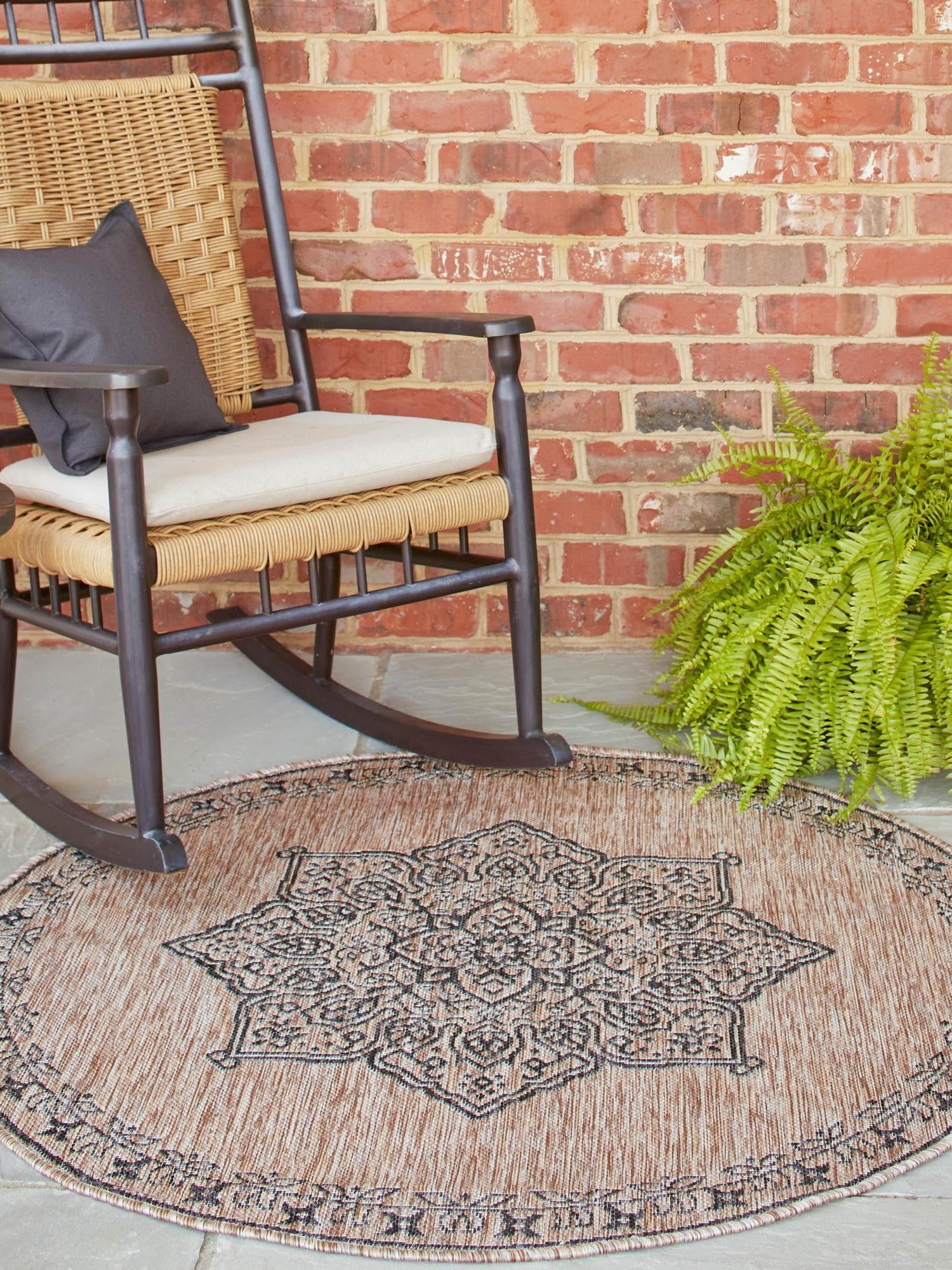 Beige 7' 10 x 7' 10 Outdoor Traditional Round Area Rug Weather Resistant for Patio, Deck, Terrace, Balcony, Porch Classical Design Outside Carpet for Sale at Rug Engine