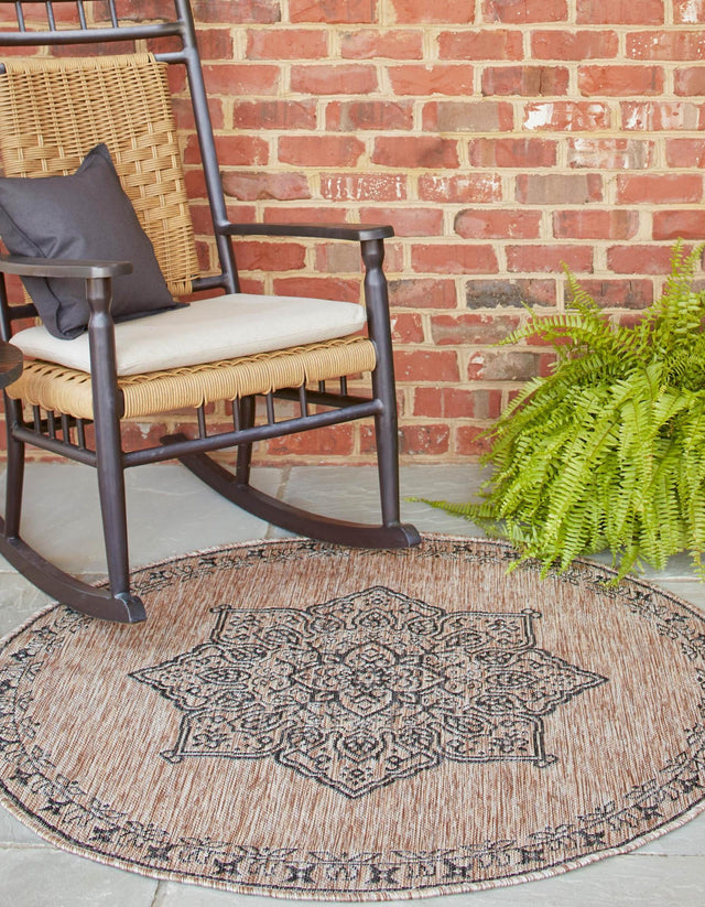 Beige 6' 1 x 6' 1 Outdoor Traditional Round Area Rug Weather Resistant for Patio, Deck, Terrace, Balcony, Porch Classical Design Outside Carpet for Sale at Rug Engine
