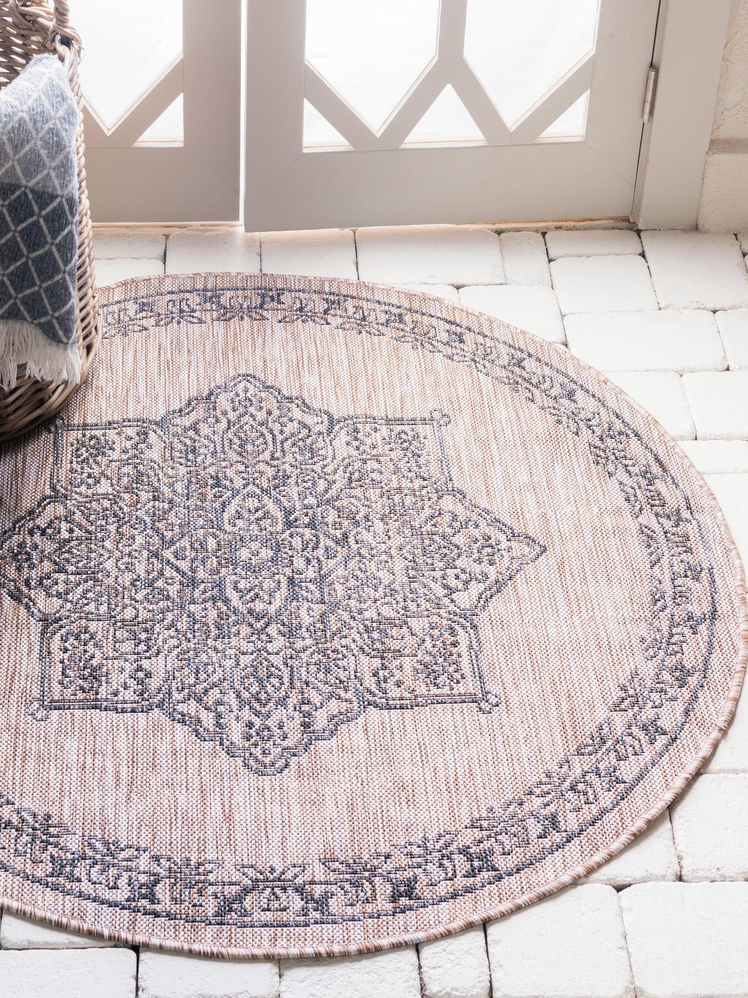 Beige 10' x 10' Outdoor Traditional Round Area Rug Weather Resistant for Patio, Deck, Terrace, Balcony, Porch Classical Design Outside Carpet for Sale at Rug Engine