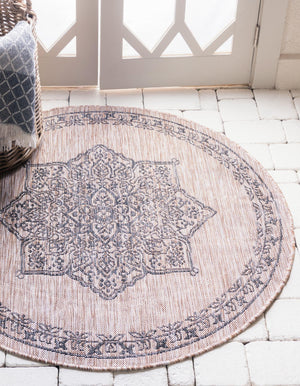 Beige 4' 1 x 4' 1 Outdoor Traditional Round Area Rug Weather Resistant for Patio, Deck, Terrace, Balcony, Porch Classical Design Outside Carpet for Sale at Rug Engine