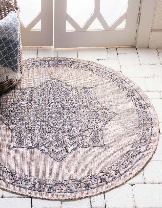 Beige 4' 1 x 4' 1 Outdoor Traditional Round Area Rug Weather Resistant for Patio, Deck, Terrace, Balcony, Porch Classical Design Outside Carpet for Sale at Rug Engine
