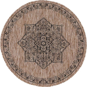 Beige 4' 1 x 4' 1 Outdoor Traditional Round Area Rug Weather Resistant for Patio, Deck, Terrace, Balcony, Porch Classical Design Outside Carpet for Sale at Rug Engine
