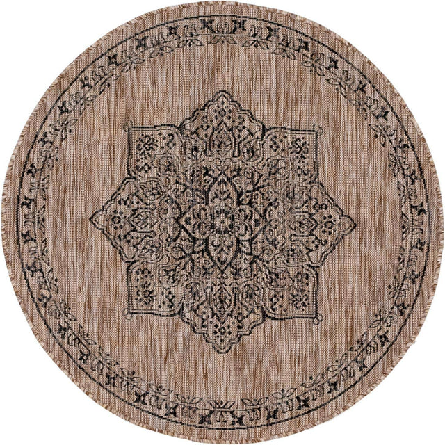 Beige 4' 1 x 4' 1 Outdoor Traditional Round Area Rug Weather Resistant for Patio, Deck, Terrace, Balcony, Porch Classical Design Outside Carpet for Sale at Rug Engine