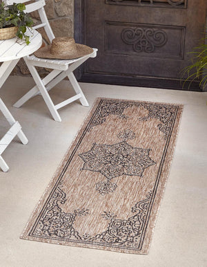 Beige 2' x 6' 1 Outdoor Traditional Runner Area Rug Weather Resistant for Patio, Deck, Terrace, Balcony, Porch Classical Design Outside Carpet for Sale at Rug Engine