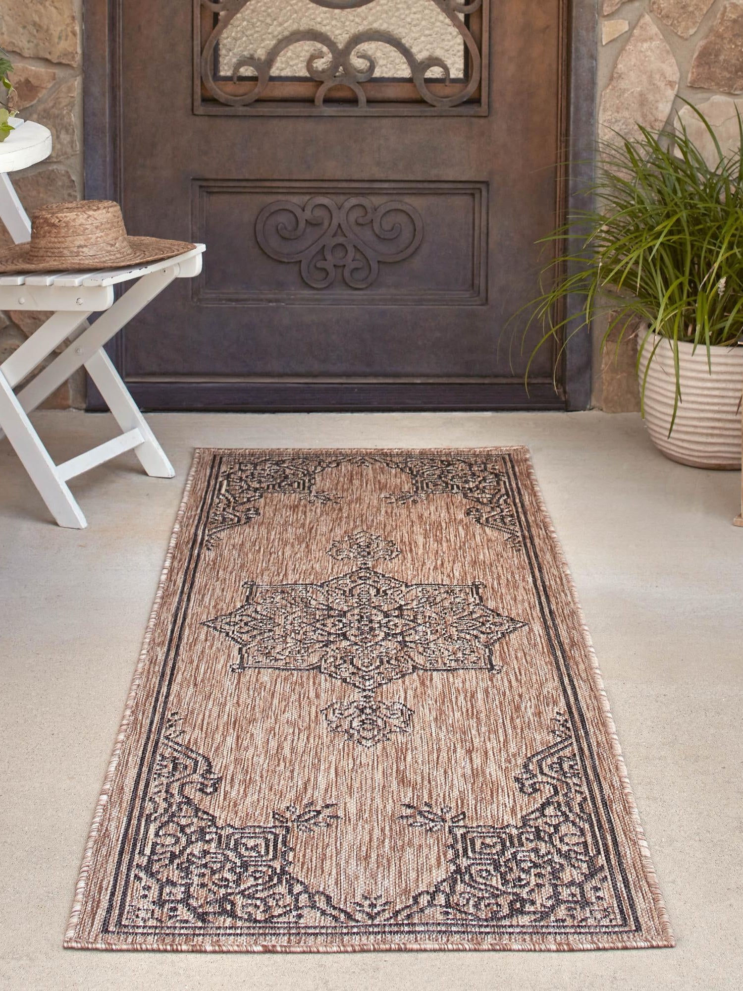Beige 2' x 8' Outdoor Traditional Runner Area Rug Weather Resistant for Patio, Deck, Terrace, Balcony, Porch Classical Design Outside Carpet for Sale at Rug Engine