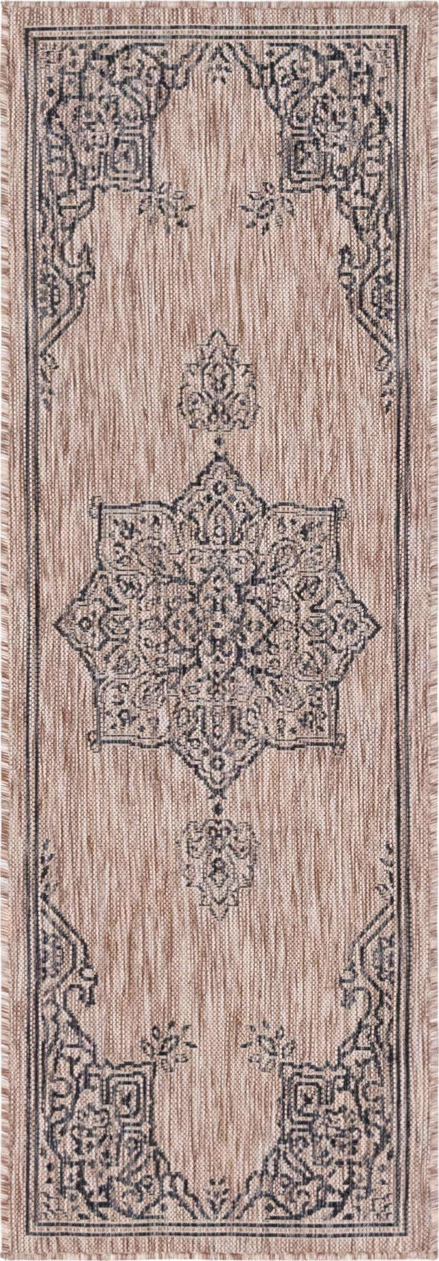 Beige 2' x 6' 1 Outdoor Traditional Runner Area Rug Weather Resistant for Patio, Deck, Terrace, Balcony, Porch Classical Design Outside Carpet for Sale at Rug Engine