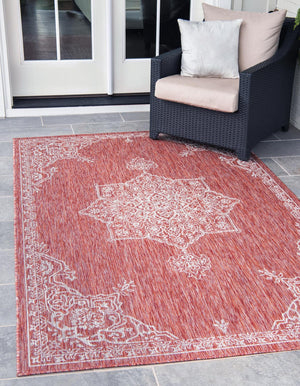 Rust Red 9' x 12' Outdoor Traditional Rectangle Area Rug Weather Resistant for Patio, Deck, Terrace, Balcony, Porch