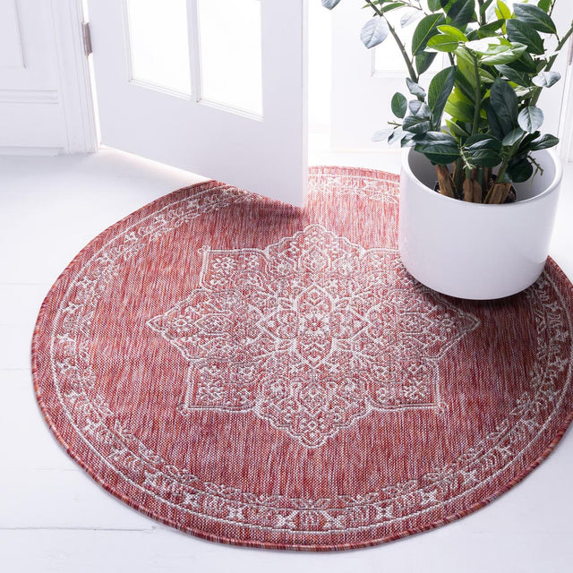 Rust Red 7' 10 x 7' 10 Outdoor Traditional Round Area Rug Weather Resistant for Patio, Deck, Terrace, Balcony, Porch Classical Design Outside Carpet for Sale at Rug Engine