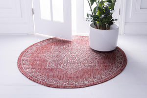 Rust Red 7' 10 x 7' 10 Outdoor Traditional Round Area Rug Weather Resistant for Patio, Deck, Terrace, Balcony, Porch Classical Design Outside Carpet for Sale at Rug Engine