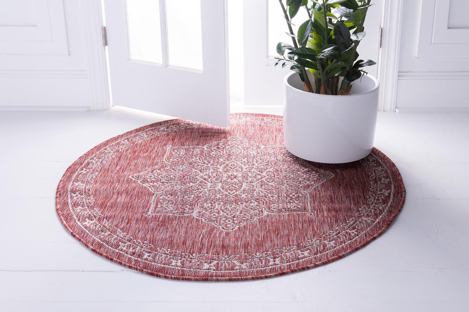 Rust Red 4' 1 x 4' 1 Outdoor Traditional Round Area Rug Weather Resistant for Patio, Deck, Terrace, Balcony, Porch Classical Design Outside Carpet for Sale at Rug Engine