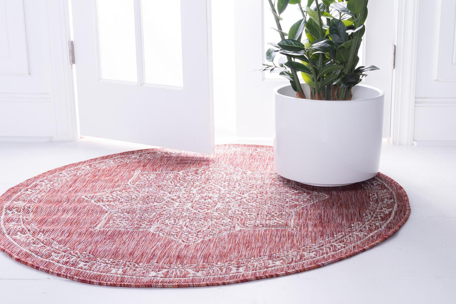Rust Red 4' 1 x 4' 1 Outdoor Traditional Round Area Rug Weather Resistant for Patio, Deck, Terrace, Balcony, Porch Classical Design Outside Carpet for Sale at Rug Engine