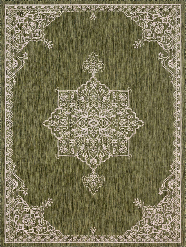 Green 9' x 12' Outdoor Traditional Rectangle Area Rug Weather Resistant for Patio, Deck, Terrace, Balcony, Porch Classical Design Outside Carpet for Sale at Rug Engine