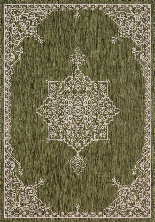 Green 7' 10 x 11' Outdoor Traditional Rectangle Area Rug Weather Resistant for Patio, Deck, Terrace, Balcony, Porch Classical Design Outside Carpet for Sale at Rug Engine