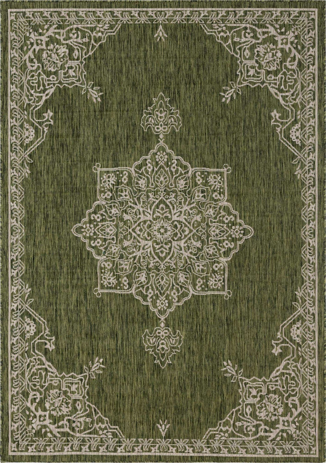 Green 7' 1 x 10' Outdoor Traditional Rectangle Area Rug Weather Resistant for Patio, Deck, Terrace, Balcony, Porch Classical Design Outside Carpet for Sale at Rug Engine