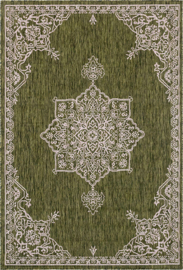 Green 6' 1 x 9' Outdoor Traditional Rectangle Area Rug Weather Resistant for Patio, Deck, Terrace, Balcony, Porch Classical Design Outside Carpet for Sale at Rug Engine