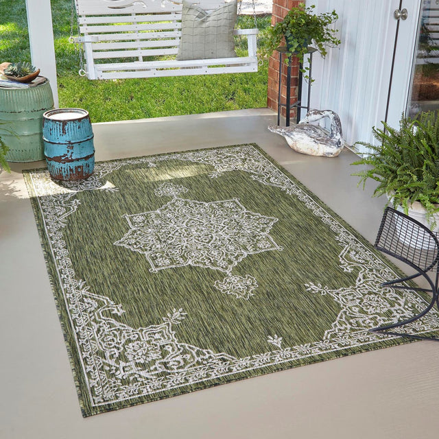Green 5' 3 x 8' Outdoor Traditional Rectangle Area Rug Weather Resistant for Patio, Deck, Terrace, Balcony, Porch Classical Design Outside Carpet for Sale at Rug Engine