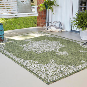 Green 10' x 13' 1 Outdoor Traditional Rectangle Area Rug Weather Resistant for Patio, Deck, Terrace, Balcony, Porch Classical Design Outside Carpet for Sale at Rug Engine