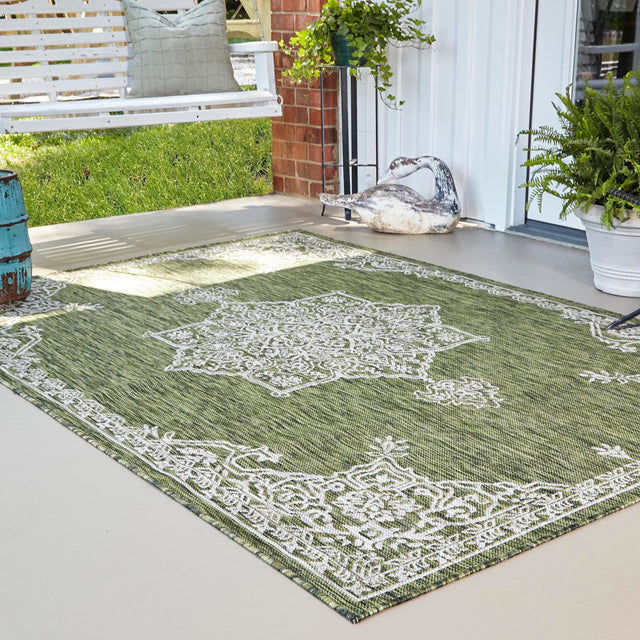 Green 10' x 13' 1 Outdoor Traditional Rectangle Area Rug Weather Resistant for Patio, Deck, Terrace, Balcony, Porch Classical Design Outside Carpet for Sale at Rug Engine