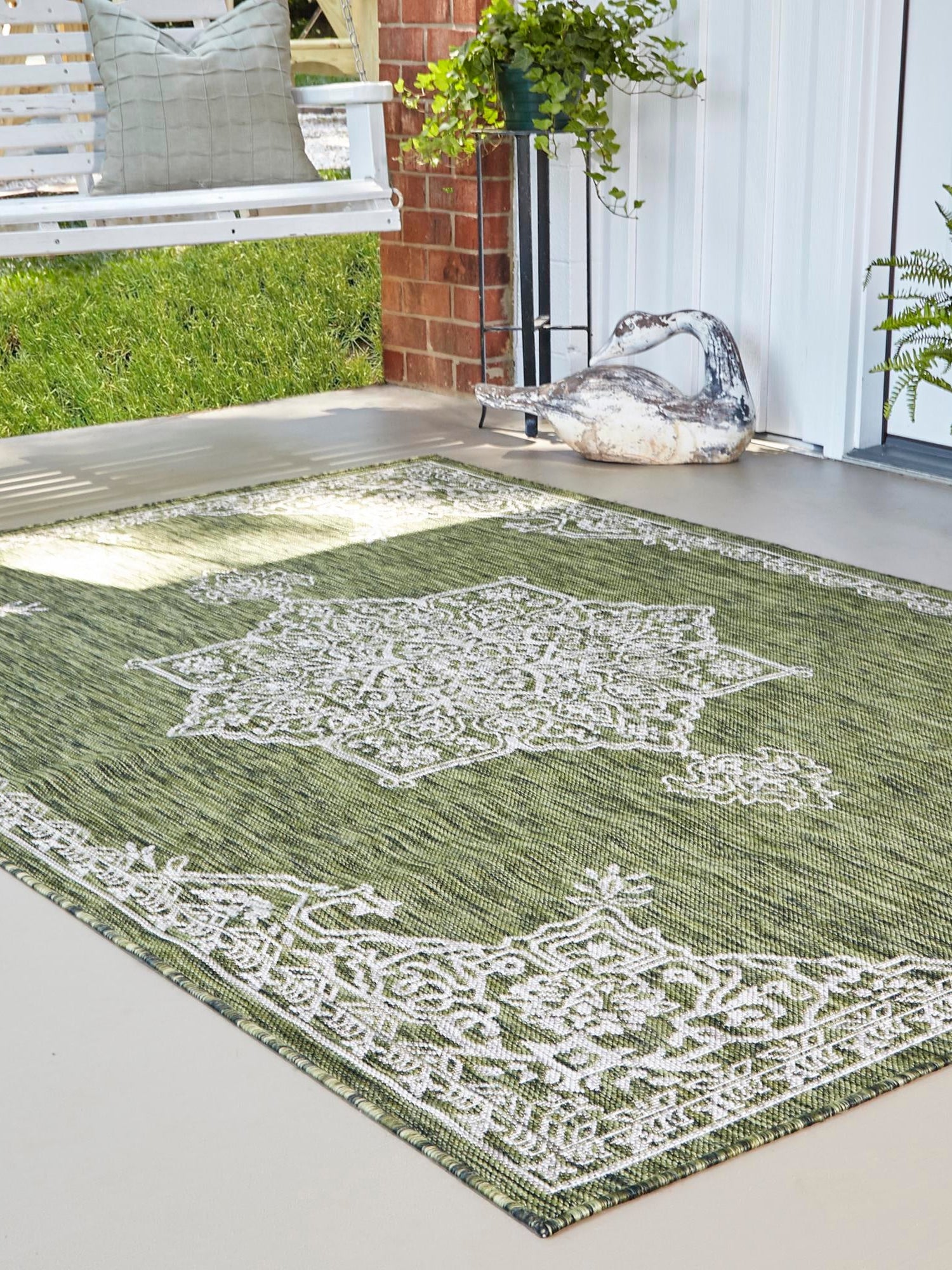 Green 6' 1 x 9' Outdoor Traditional Rectangle Area Rug Weather Resistant for Patio, Deck, Terrace, Balcony, Porch Classical Design Outside Carpet for Sale at Rug Engine