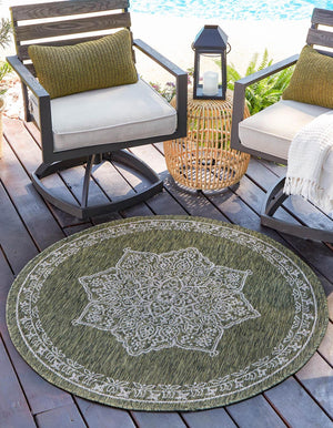 Green 5' 3 x 5' 3 Outdoor Traditional Round Area Rug Weather Resistant for Patio, Deck, Terrace, Balcony, Porch Classical Design Outside Carpet for Sale at Rug Engine