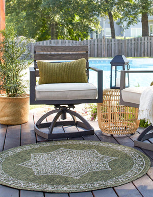 Green 5' 3 x 5' 3 Outdoor Traditional Round Area Rug Weather Resistant for Patio, Deck, Terrace, Balcony, Porch Classical Design Outside Carpet for Sale at Rug Engine