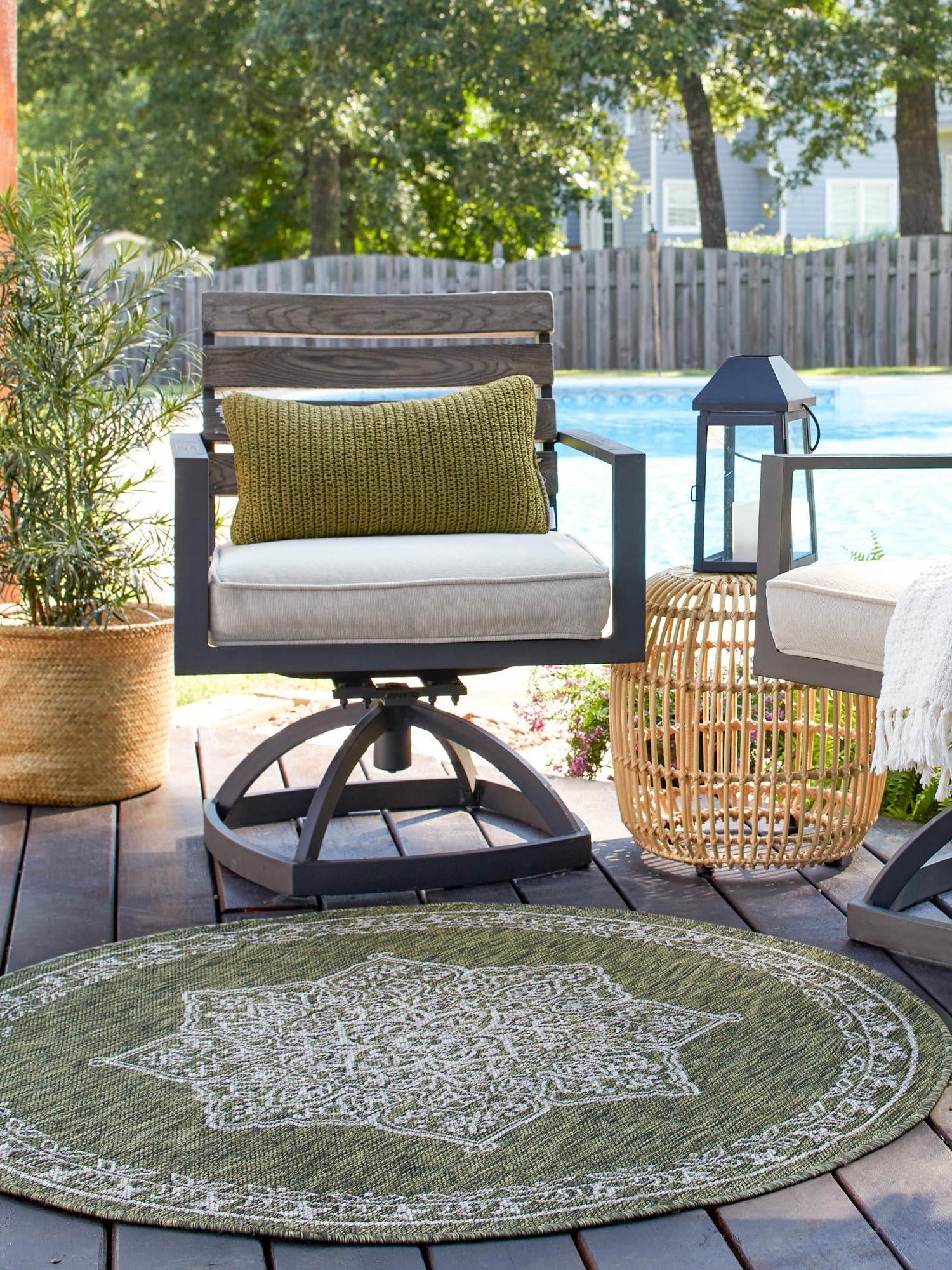 Green 12' x 12' Outdoor Traditional Round Area Rug Weather Resistant for Patio, Deck, Terrace, Balcony, Porch Classical Design Outside Carpet for Sale at Rug Engine