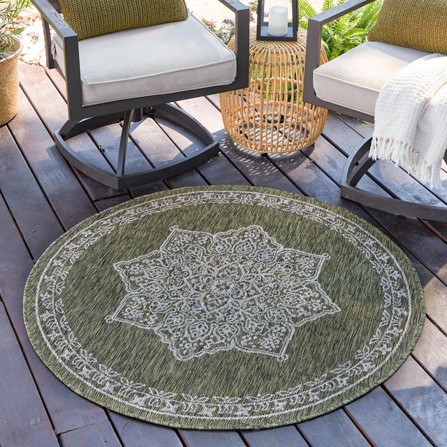 Green 10' x 10' Outdoor Traditional Round Area Rug Weather Resistant for Patio, Deck, Terrace, Balcony, Porch Classical Design Outside Carpet for Sale at Rug Engine