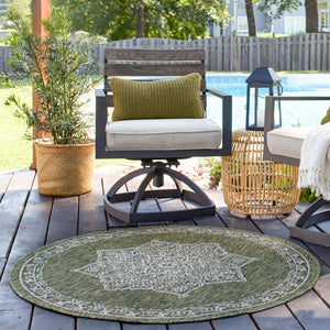 Green 10' x 10' Outdoor Traditional Round Area Rug Weather Resistant for Patio, Deck, Terrace, Balcony, Porch Classical Design Outside Carpet for Sale at Rug Engine