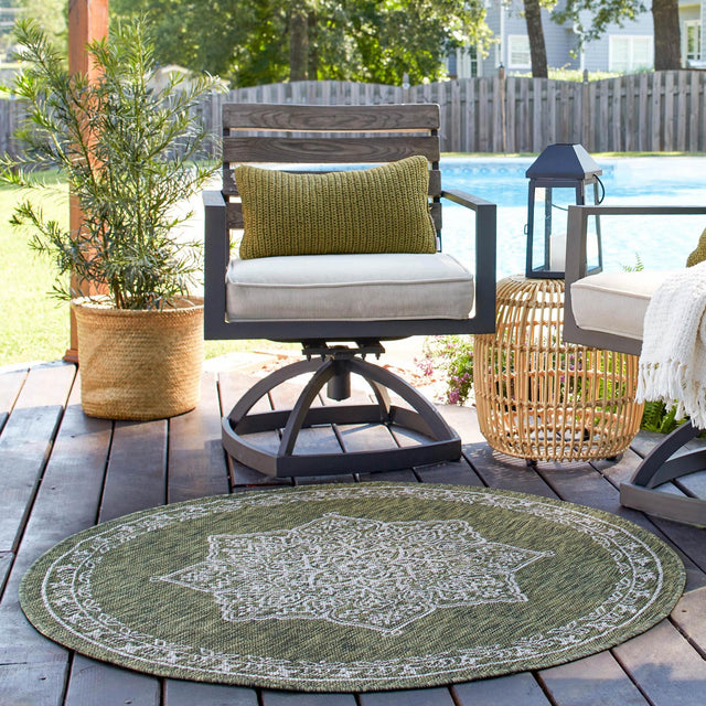 Green 10' x 10' Outdoor Traditional Round Area Rug Weather Resistant for Patio, Deck, Terrace, Balcony, Porch Classical Design Outside Carpet for Sale at Rug Engine