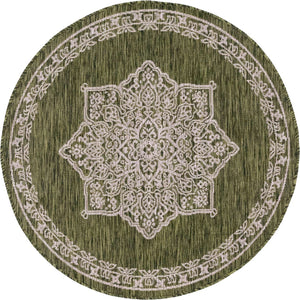 Green 4' 1 x 4' 1 Outdoor Traditional Round Area Rug Weather Resistant for Patio, Deck, Terrace, Balcony, Porch Classical Design Outside Carpet for Sale at Rug Engine