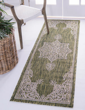 Green 2' x 6' 1 Outdoor Traditional Runner Area Rug Weather Resistant for Patio, Deck, Terrace, Balcony, Porch Classical Design Outside Carpet for Sale at Rug Engine