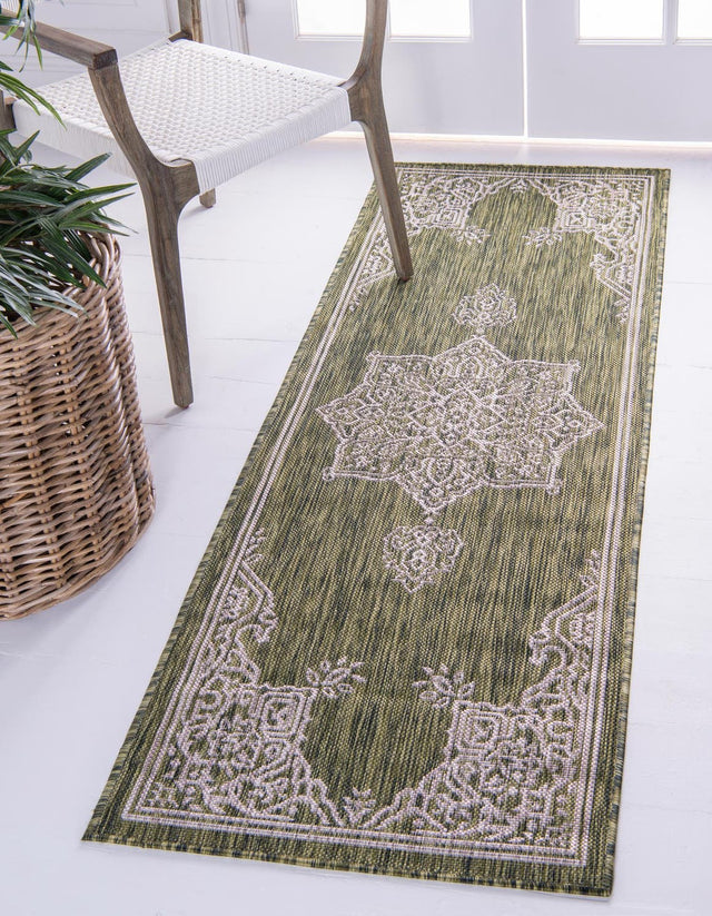 Green 2' 7 x 10' Outdoor Traditional Runner Area Rug Weather Resistant for Patio, Deck, Terrace, Balcony, Porch Classical Design Outside Carpet for Sale at Rug Engine