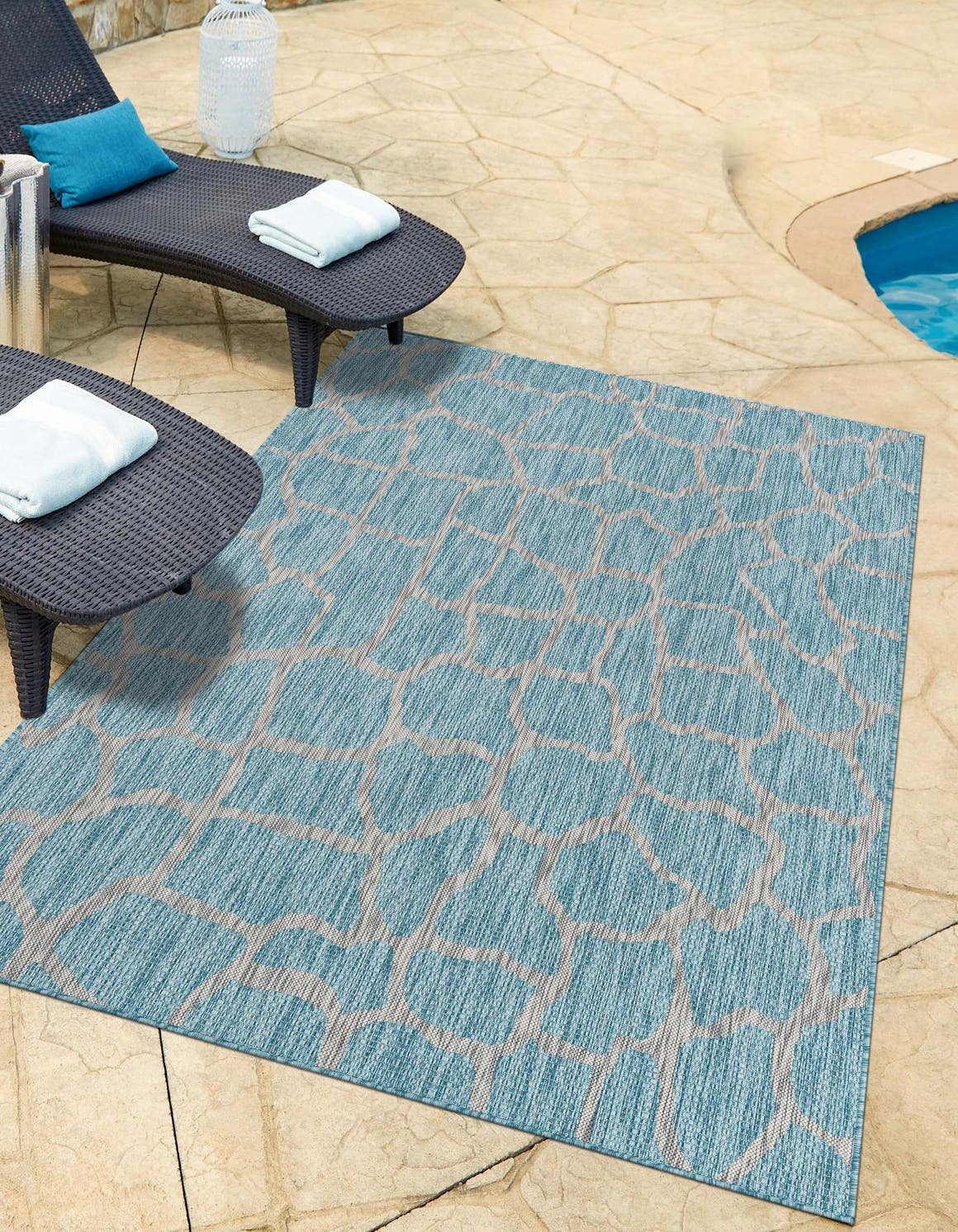 Light Aqua 4' 1 x 6' 1 Outdoor Safari Rectangle Area Rug Weather Resistant for Patio, Deck, Terrace, Balcony, Porch Animal Print Wildlife Nature Carpet for Sale at Rug Engine