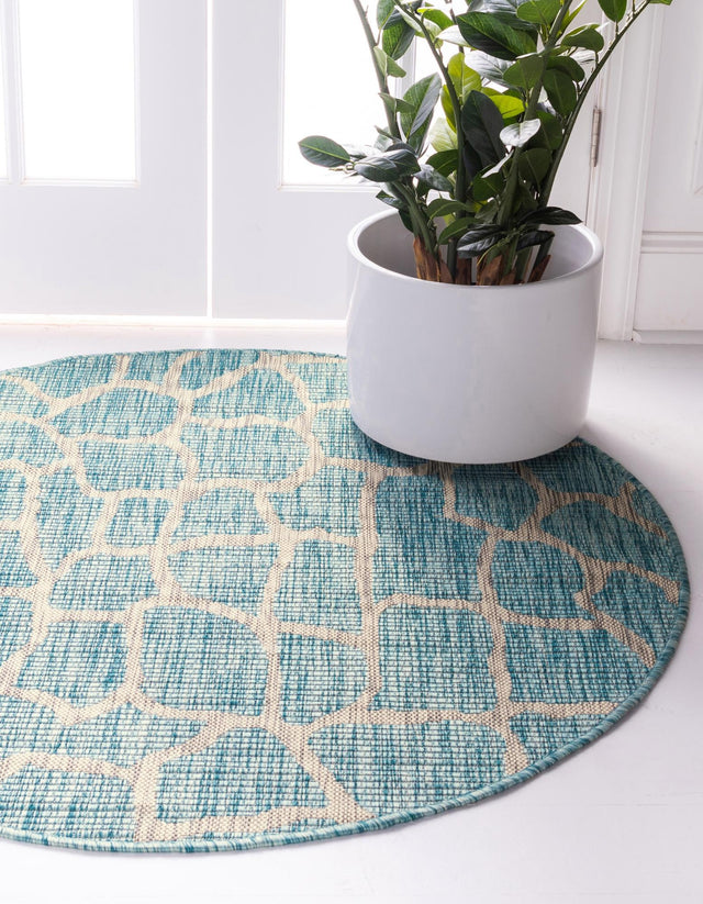 Light Aqua 4' 1 x 4' 1 Outdoor Safari Round Area Rug Weather Resistant for Patio, Deck, Terrace, Balcony, Porch Animal Print Wildlife Nature Carpet for Sale at Rug Engine