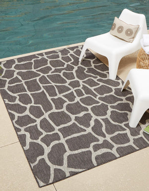 Charcoal Gray 5' 3 x 8' Outdoor Safari Rectangle Area Rug Weather Resistant for Patio, Deck, Terrace, Balcony, Porch Animal Print Wildlife Nature Carpet for Sale at Rug Engine