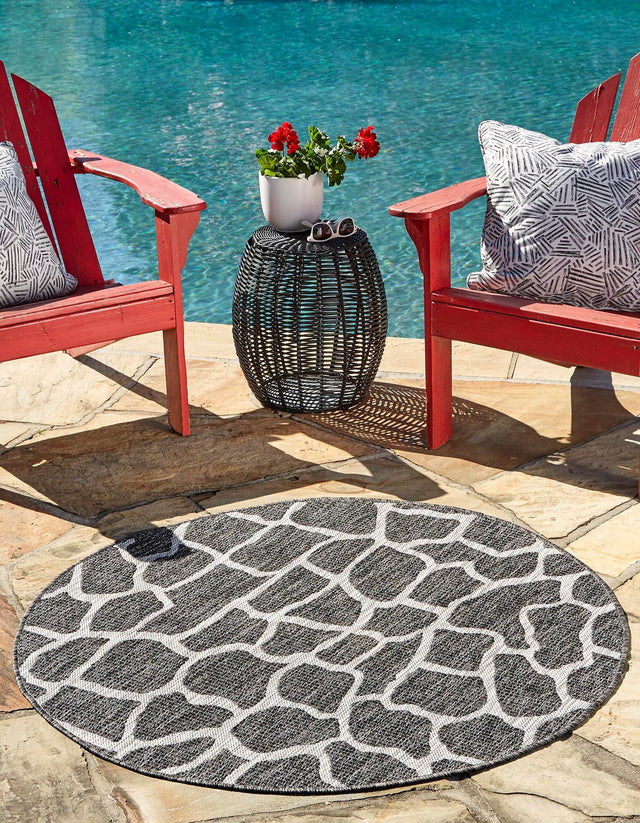 Charcoal Gray 4' 1 x 4' 1 Outdoor Safari Round Area Rug Weather Resistant for Patio, Deck, Terrace, Balcony, Porch Animal Print Wildlife Nature Carpet for Sale at Rug Engine