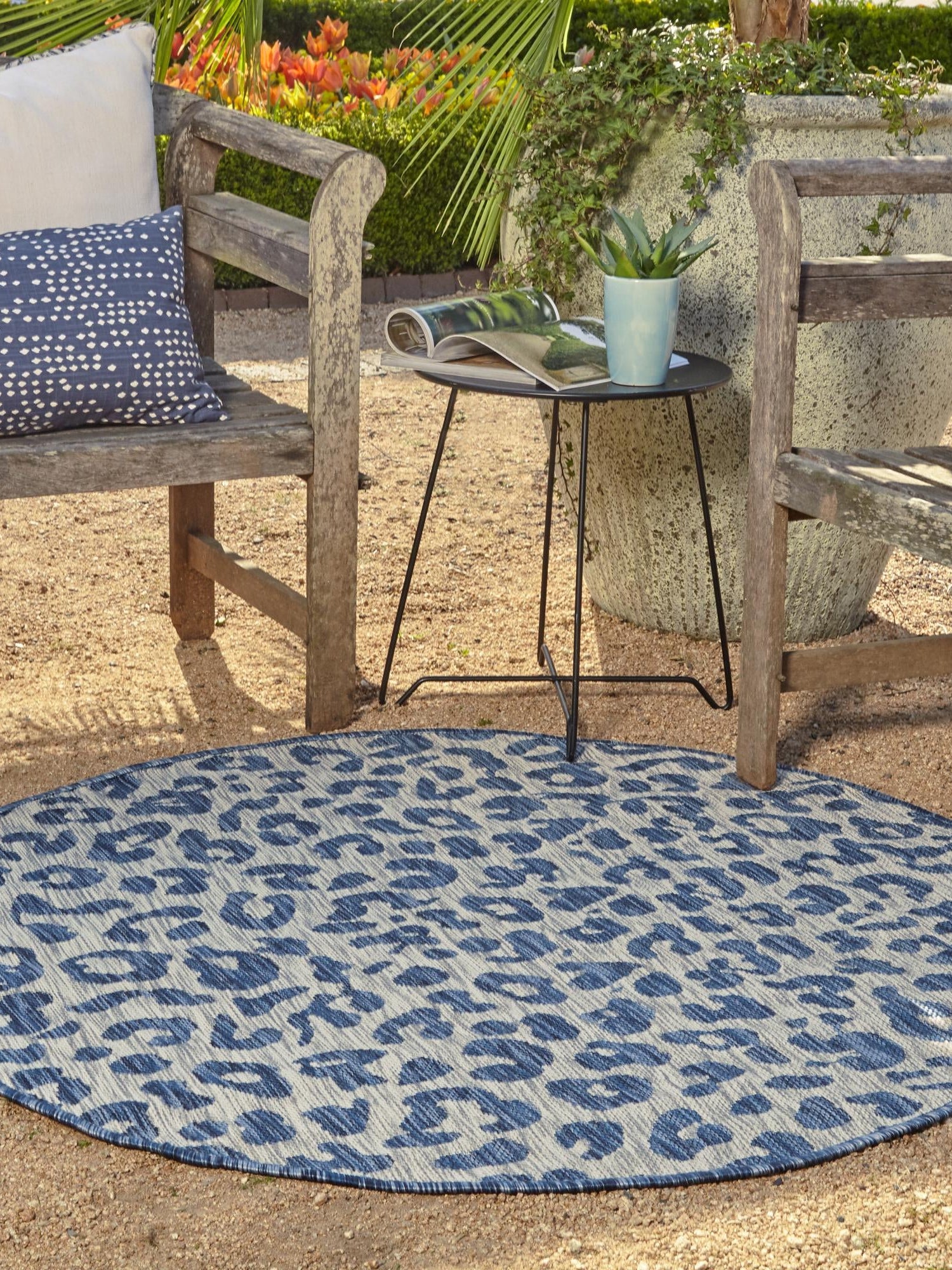 Blue 13' 1 x 13' 1 Outdoor Safari Round Area Rug Weather Resistant for Patio, Deck, Terrace, Balcony, Porch Animal Print Wildlife Nature Carpet for Sale at Rug Engine