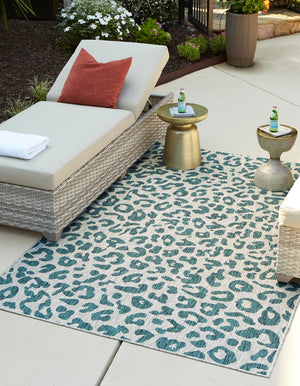 Teal 9' x 12' Outdoor Safari Rectangle Area Rug Weather Resistant for Patio, Deck, Terrace, Balcony, Porch Animal Print Wildlife Nature Carpet for Sale at Rug Engine