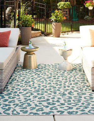 Teal 7' 10 x 11' Outdoor Safari Rectangle Area Rug Weather Resistant for Patio, Deck, Terrace, Balcony, Porch Animal Print Wildlife Nature Carpet for Sale at Rug Engine