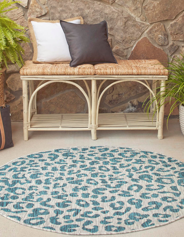 Teal 13' 1 x 13' 1 Outdoor Safari Round Area Rug Weather Resistant for Patio, Deck, Terrace, Balcony, Porch Animal Print Wildlife Nature Carpet for Sale at Rug Engine