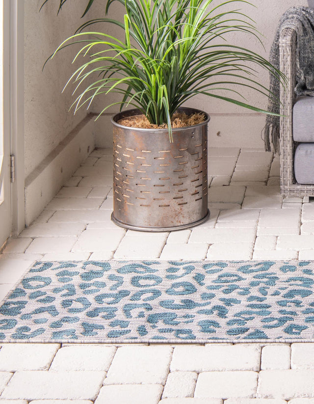 Teal 2' x 6' 1 Outdoor Safari Runner Area Rug Weather Resistant for Patio, Deck, Terrace, Balcony, Porch Animal Print Wildlife Nature Carpet for Sale at Rug Engine