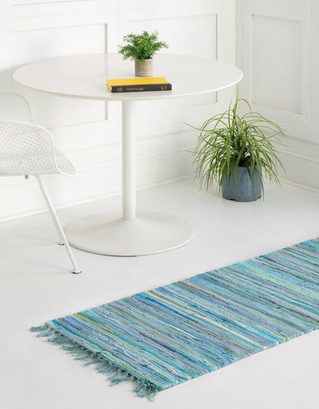 Light Blue 2' 2 x 6' 7 Chindi Cotton Runner Area Rug Interior Design Home Decor Carpet Mat for Sale at Rug Engine