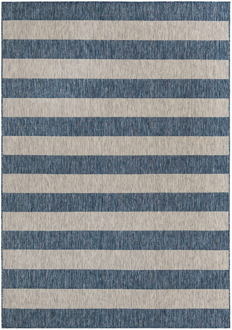 Blue 7' 1 x 10' Outdoor Striped Rectangle Area Rug Weather Resistant for Patio, Deck, Terrace, Balcony, Porch