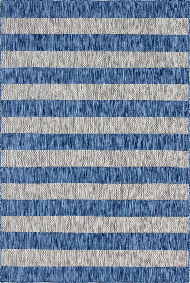 Blue 6' 1 x 9' Outdoor Striped Rectangle Area Rug Weather Resistant for Patio, Deck, Terrace, Balcony, Porch Geometric Pattern Waterproof Carpet for Sale at Rug Engine