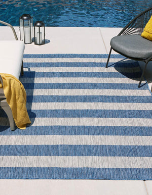Blue 9' x 12' Outdoor Striped Rectangle Area Rug Weather Resistant for Patio, Deck, Terrace, Balcony, Porch Geometric Pattern Waterproof Carpet for Sale at Rug Engine