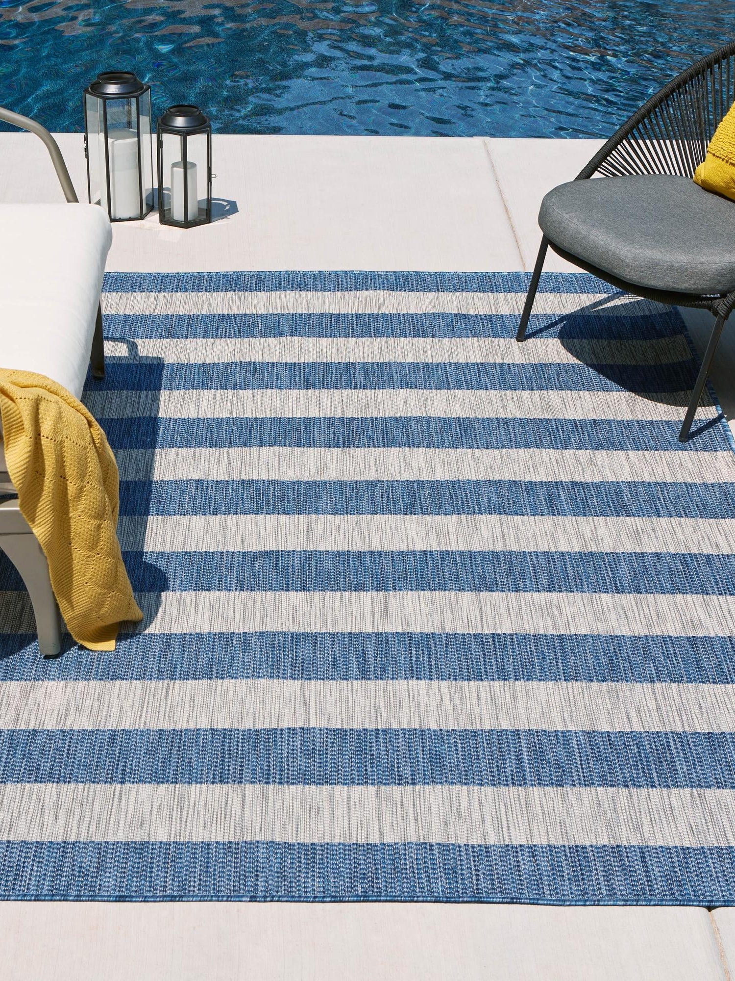 Blue 7' 10 x 11' Outdoor Striped Rectangle Area Rug Weather Resistant for Patio, Deck, Terrace, Balcony, Porch Geometric Pattern Waterproof Carpet for Sale at Rug Engine