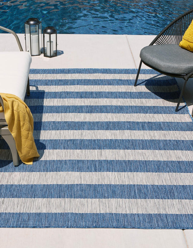 Blue 5' 3 x 7' 1 Outdoor Striped Rectangle Area Rug Weather Resistant for Patio, Deck, Terrace, Balcony, Porch Geometric Pattern Waterproof Carpet for Sale at Rug Engine