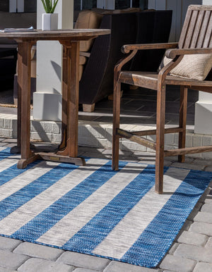Blue 5' 3 x 7' 1 Outdoor Striped Rectangle Area Rug Weather Resistant for Patio, Deck, Terrace, Balcony, Porch Geometric Pattern Waterproof Carpet for Sale at Rug Engine