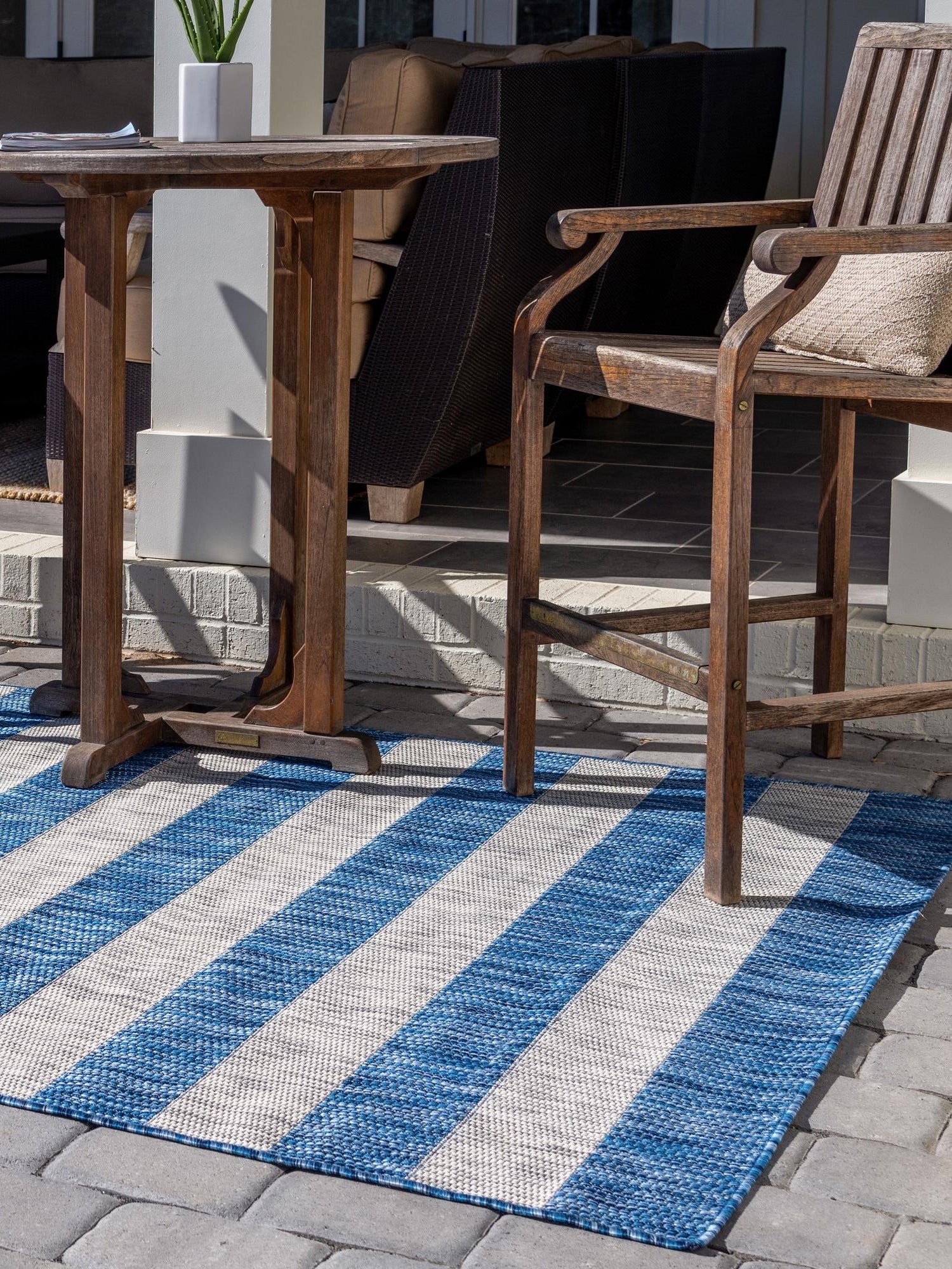 Blue 6' 1 x 9' Outdoor Striped Rectangle Area Rug Weather Resistant for Patio, Deck, Terrace, Balcony, Porch Geometric Pattern Waterproof Carpet for Sale at Rug Engine